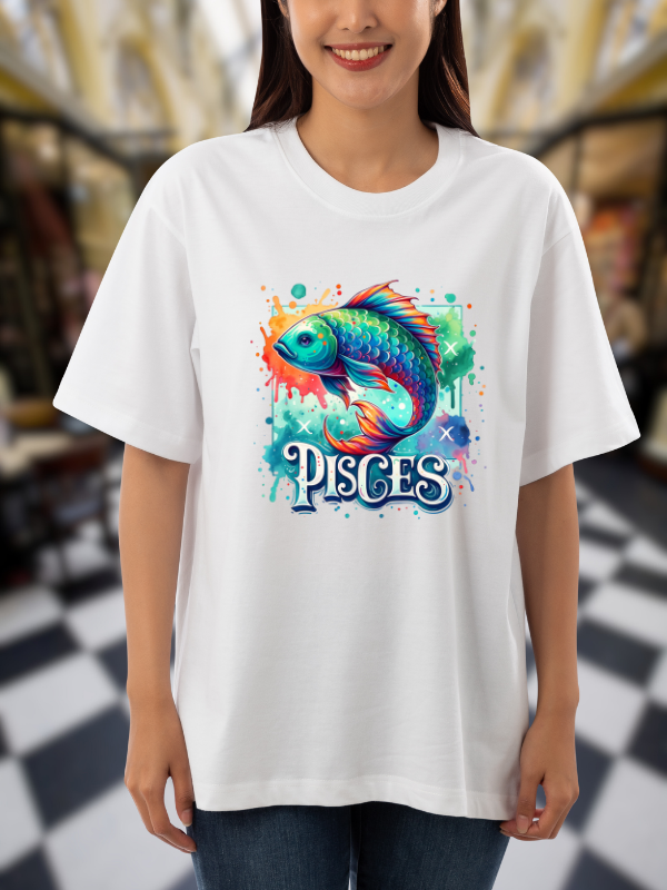 Pisces Zodiac T-Shirt, Fish Design, White Cotton, Unisex Oversized