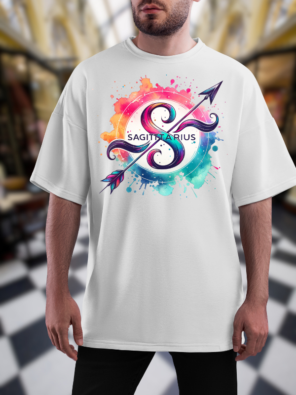 Sagittarius Zodiac T-Shirt, Arrow Design, White Cotton, Unisex Oversized