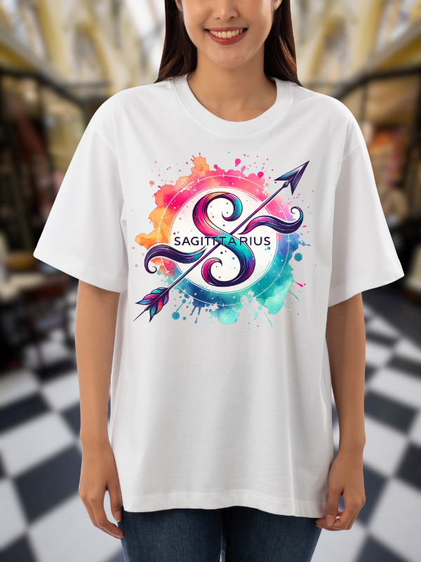 Sagittarius Zodiac T-Shirt, Arrow Design, White Cotton, Unisex Oversized