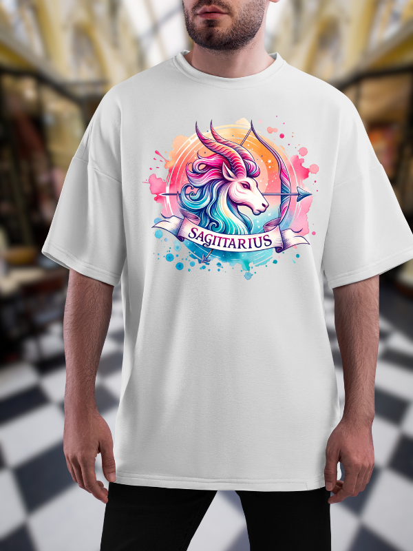 Sagittarius Zodiac Graphic T-Shirt, Unicorn Design, White Unisex Oversized