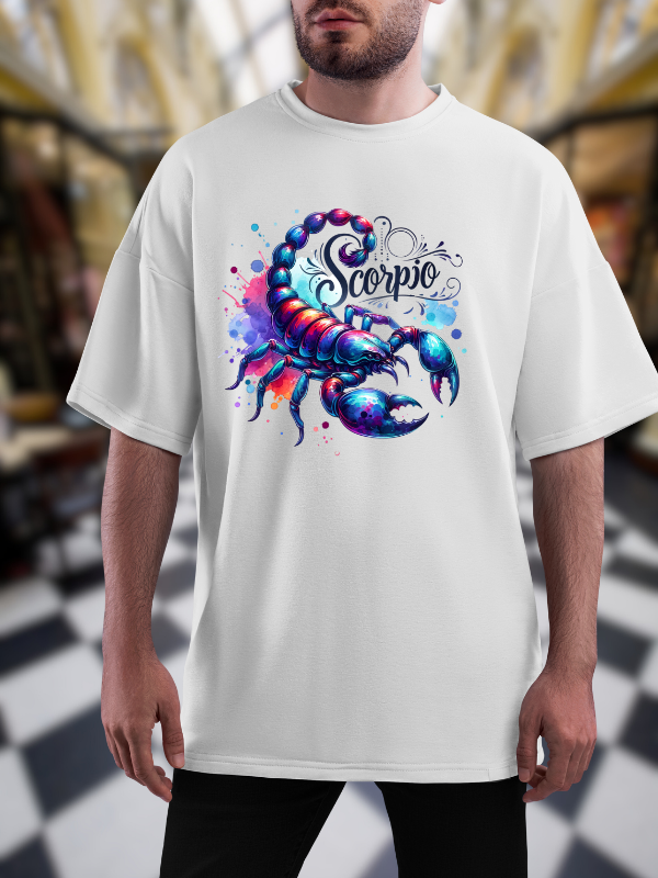 Scorpio Zodiac T-Shirt, Galaxy Design, White Cotton Unisex Oversized