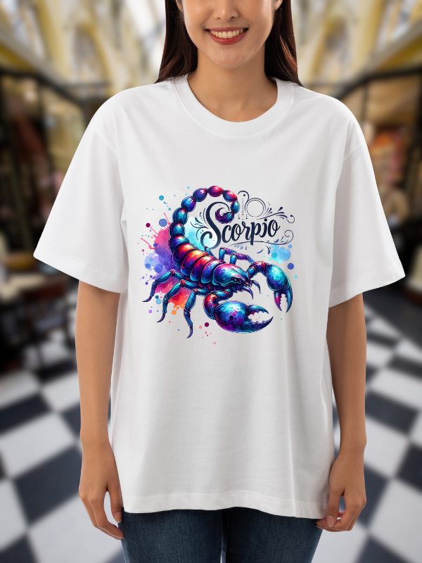 Scorpio Zodiac T-Shirt, Galaxy Design, White Cotton Unisex Oversized