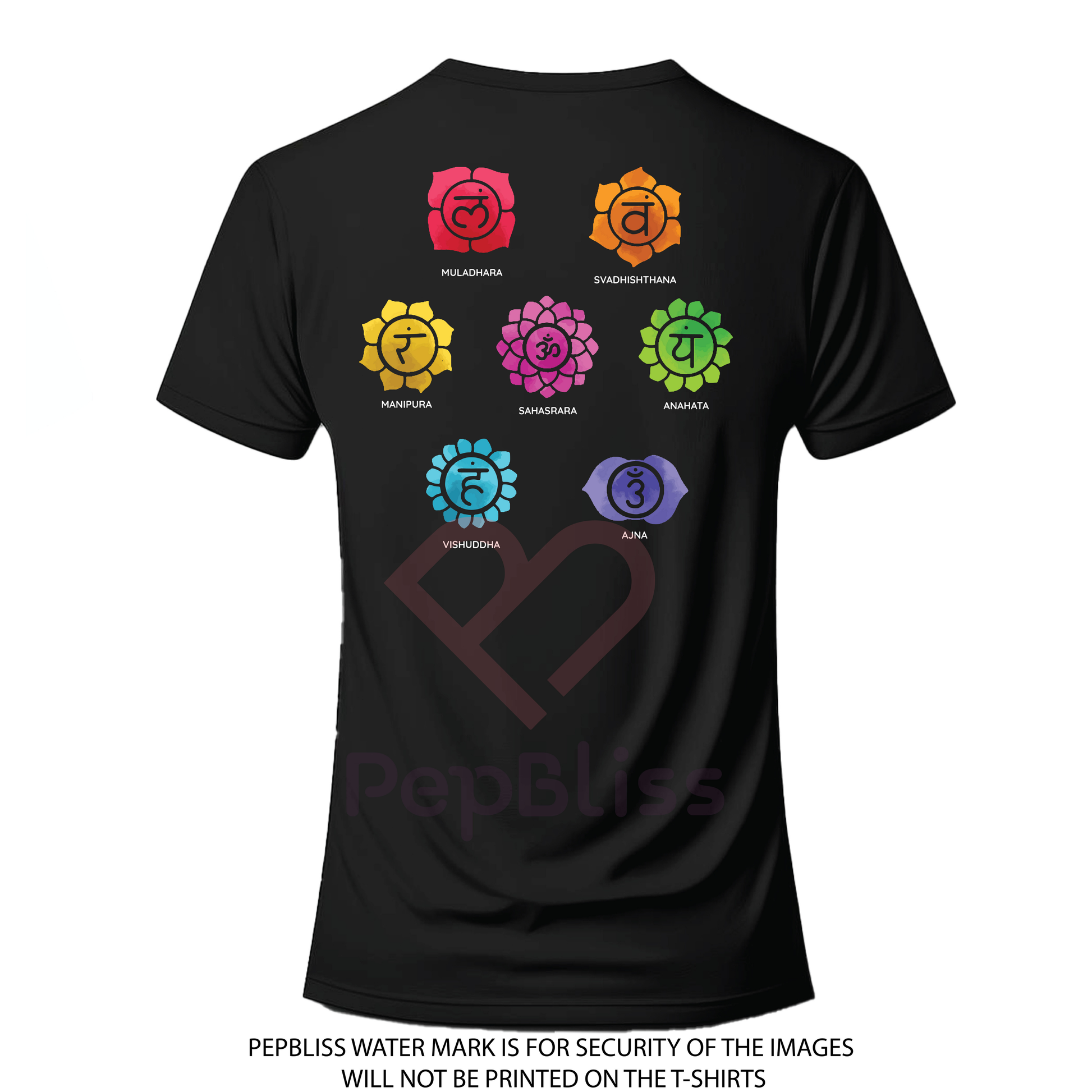 Seven Chakra T-Shirt, Black Cotton, Spiritual Symbols Design