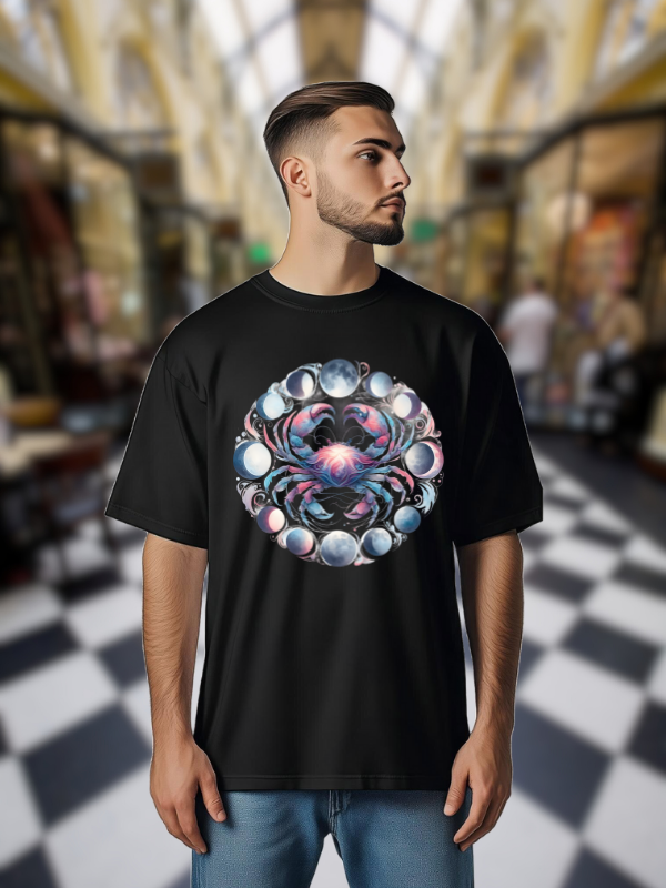 Cosmic Pisces T-Shirt, Black Cotton, Galaxy Moon Design, Unisex