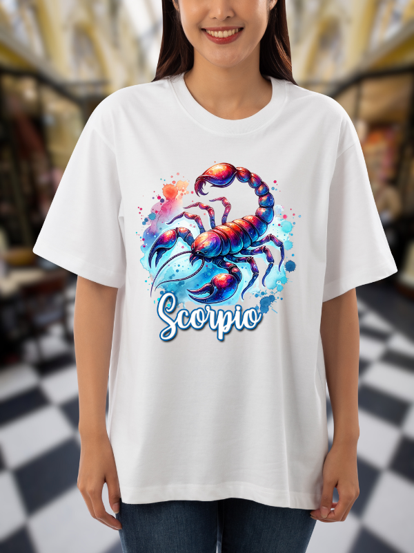 Scorpio Zodiac T-Shirt, Galaxy Design, White