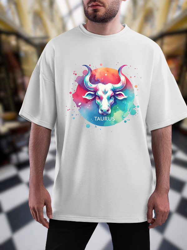 Taurus Zodiac Graphic T-Shirt, Galaxy Design, White Cotton Unisex Oversized