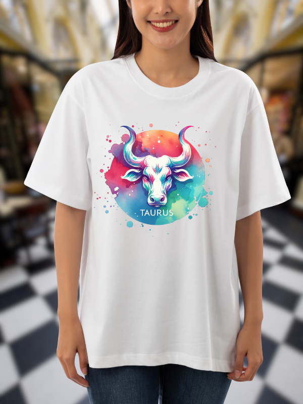 Taurus Zodiac Graphic T-Shirt, Galaxy Design, White Cotton Unisex Oversized