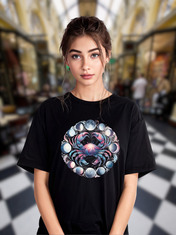 Cosmic Pisces T-Shirt, Black Cotton, Galaxy Moon Design, Unisex