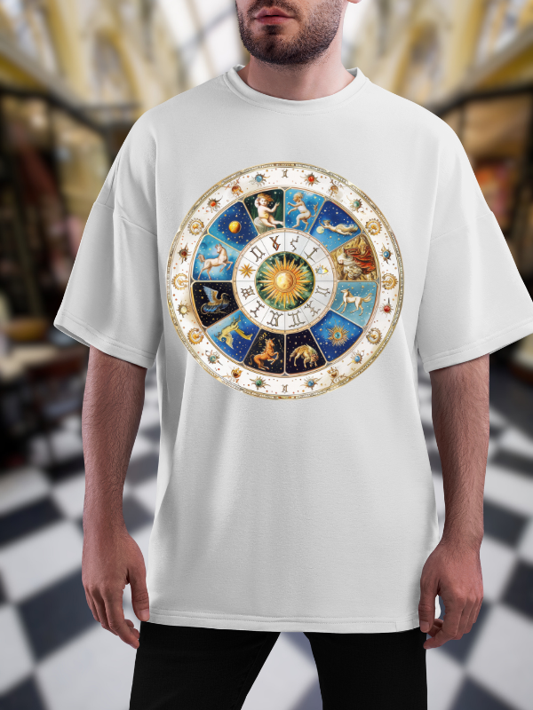 Celestial Zodiac Wheel Art T-Shirt, Astrological Unisex Oversized Design, White Cotton