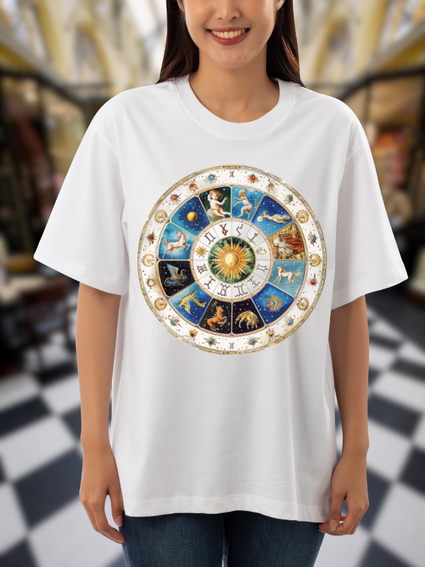 Celestial Zodiac Wheel Art T-Shirt, Astrological Unisex Oversized Design, White Cotton