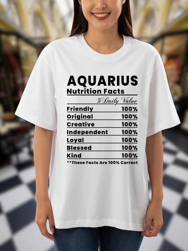 Aquarius Nutrition Facts Zodiac T-Shirt, Astrological Unisex Oversized Design, White