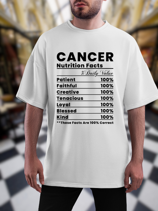Cancer Nutrition Facts Zodiac T-Shirt, Astrological Traits Unisex Oversized Design, White