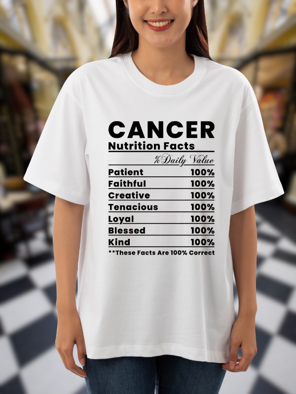 Cancer Nutrition Facts Zodiac T-Shirt, Astrological Traits Unisex Oversized Design, White
