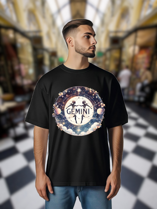 Gemini Zodiac T-Shirt, Black Cotton, Celestial Moon Design, Unisex
