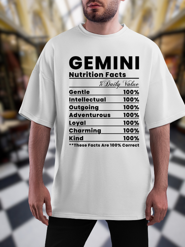 Gemini Nutrition Facts Zodiac T-Shirt, Astrological Traits Unisex Oversized Design, White