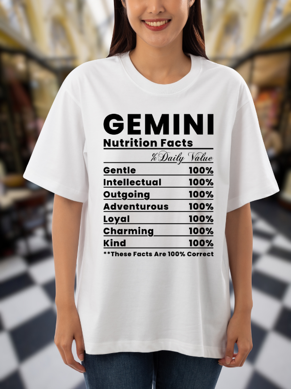 Gemini Nutrition Facts Zodiac T-Shirt, Astrological Traits Unisex Oversized Design, White