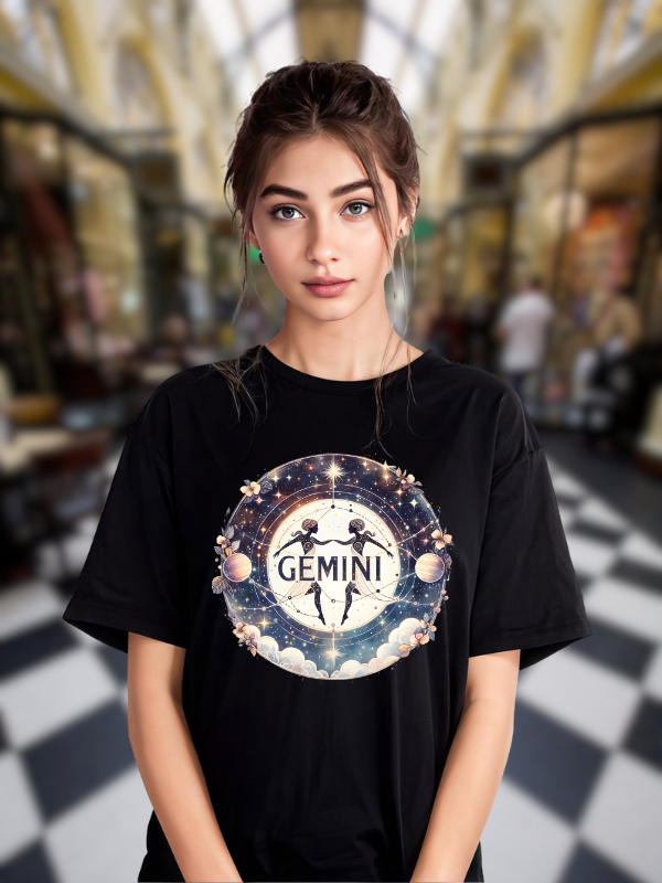 Gemini Zodiac T-Shirt, Black Cotton, Celestial Moon Design, Unisex