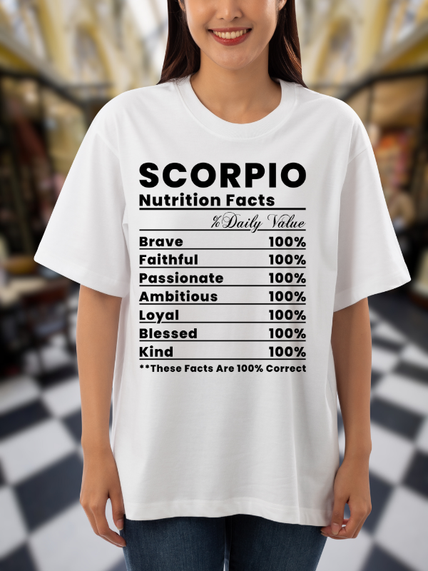 Scorpio Nutrition Facts Zodiac T-Shirt, Astrological Unisex Oversized Design, White