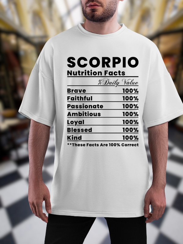 Scorpio Nutrition Facts Zodiac T-Shirt, Astrological Unisex Oversized Design, White