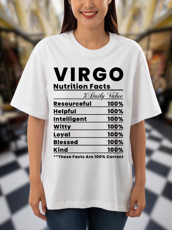 Virgo Nutrition Facts Zodiac T-Shirt, Astrological Unisex Oversized Design, White