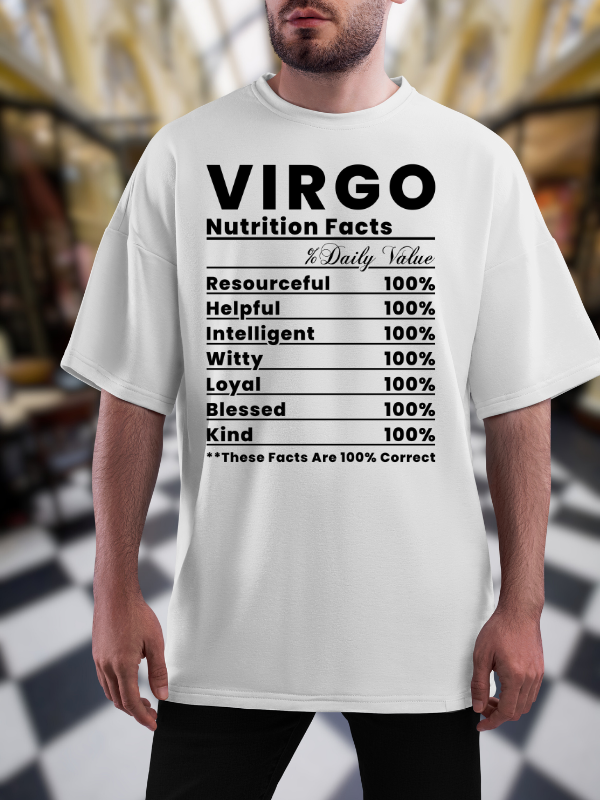 Virgo Nutrition Facts Zodiac T-Shirt, Astrological Unisex Oversized Design, White