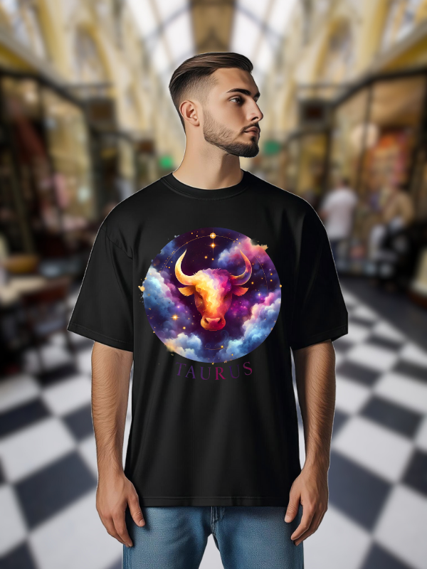 Taurus Zodiac T-Shirt, Black Cotton, Galaxy Space Design, Unisex