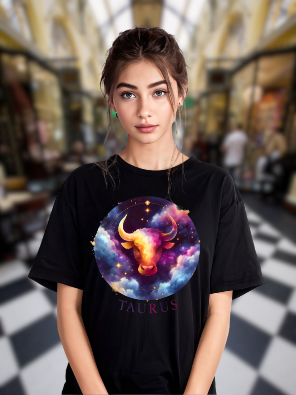 Taurus Zodiac T-Shirt, Black Cotton, Galaxy Space Design, Unisex