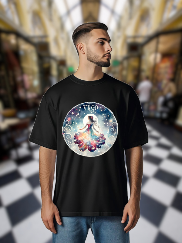 Virgo Zodiac Galaxy Art T-shirt, Black Cotton, Celestial Design, Unisex