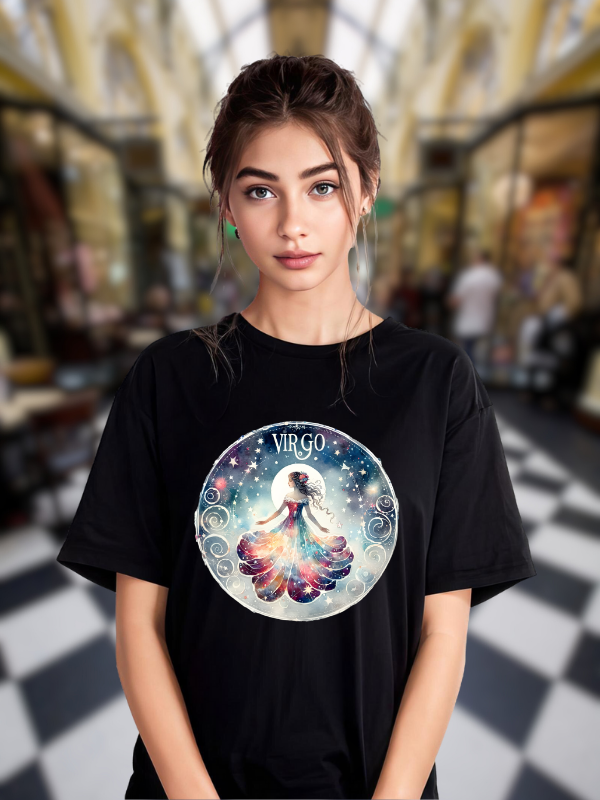 Virgo Zodiac Galaxy Art T-shirt, Black Cotton, Celestial Design, Unisex