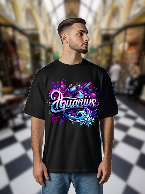 Aquarius Zodiac Art T-shirt, Black Cotton, Neon Galaxy Design, Unisex