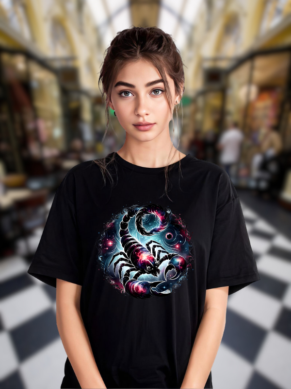 Cosmic Scorpion Graphic Unisex T-Shirt, Black, Galaxy Design