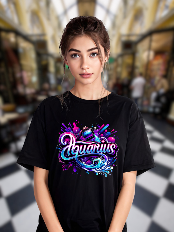 Aquarius Zodiac Art T-shirt, Black Cotton, Neon Galaxy Design, Unisex