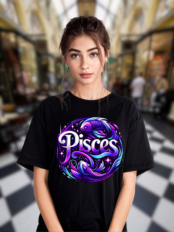 Pisces Zodiac Art T-shirt, Black Cotton, Neon Galaxy Design, Unisex