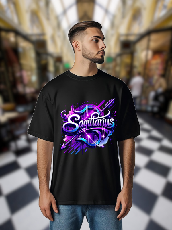Sagittarius Zodiac Art T-shirt, Black Cotton, Neon Galaxy Design, Unisex