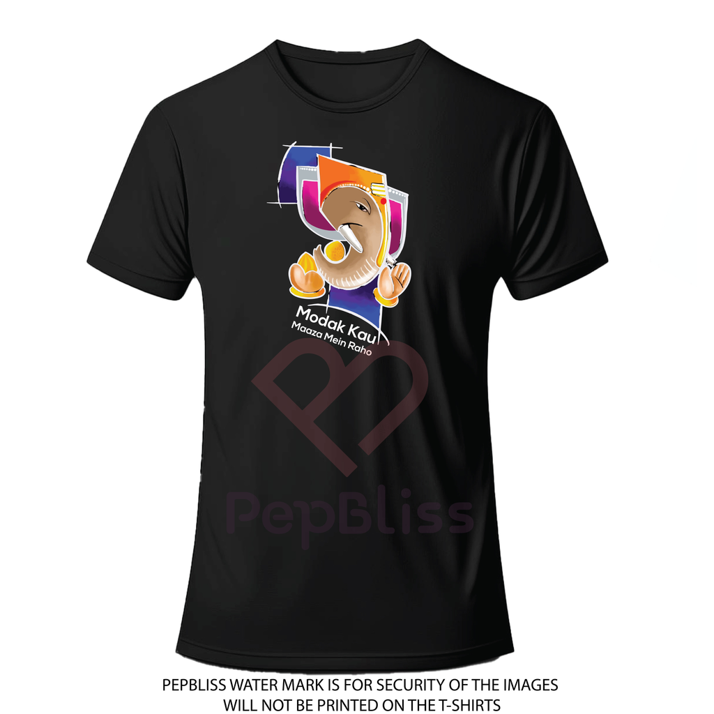 Modak Kau Design, Artistic Ganesha Print Black Cotton T-Shirt