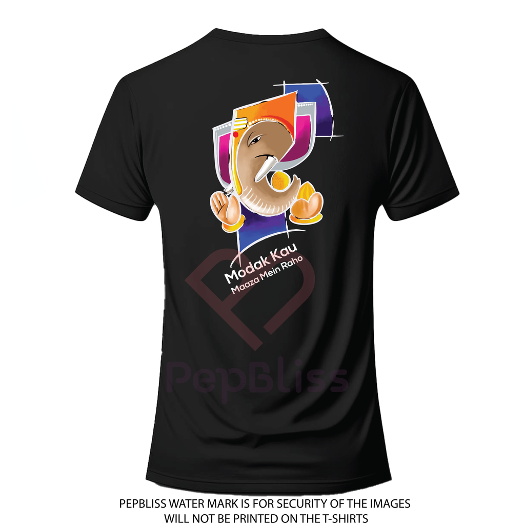 Modak Kau Design, Artistic Ganesha Print Black Cotton T-Shirt