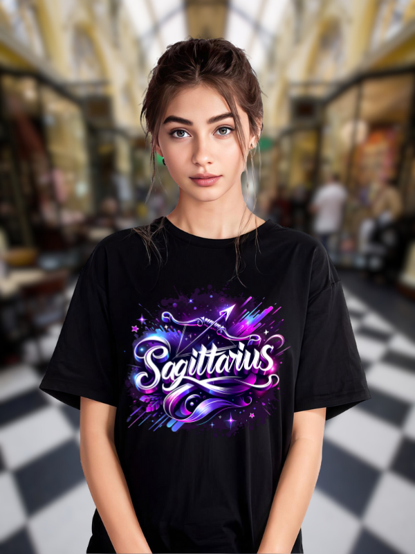 Sagittarius Zodiac Art T-shirt, Black Cotton, Neon Galaxy Design, Unisex