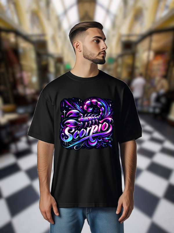 Scorpio Zodiac Art T-shirt, Black Cotton, Neon Purple Design, Unisex