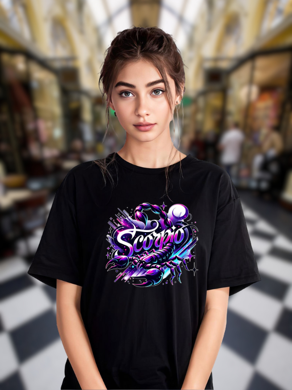 Scorpio Zodiac Art T-shirt, Black Cotton, Neon Purple Design, Unisex
