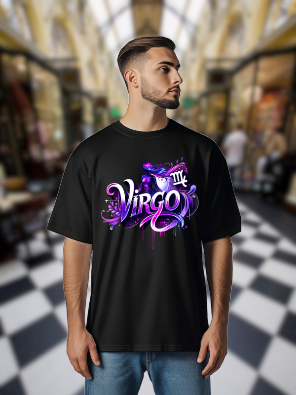 Virgo Zodiac Art T-shirt, Black Cotton, Neon Purple Design, Unisex