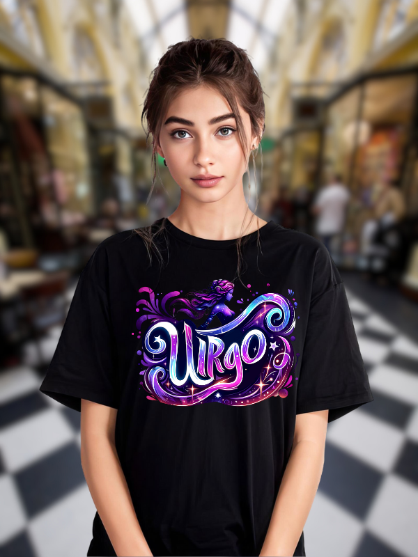 Virgo Zodiac Art T-shirt, Black Cotton, Neon Purple Design, Unisex