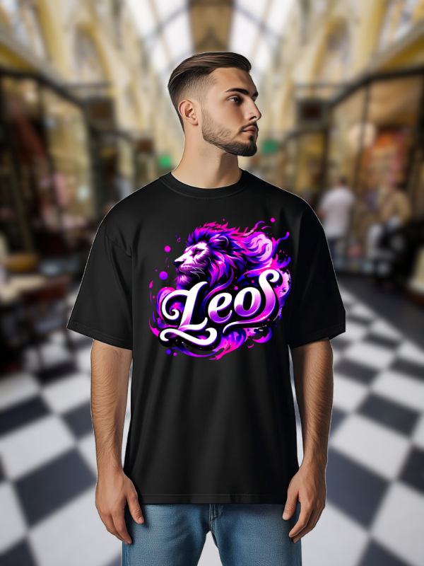 Leo Zodiac Art T-shirt, Black Cotton, Neon Purple Design, Unisex