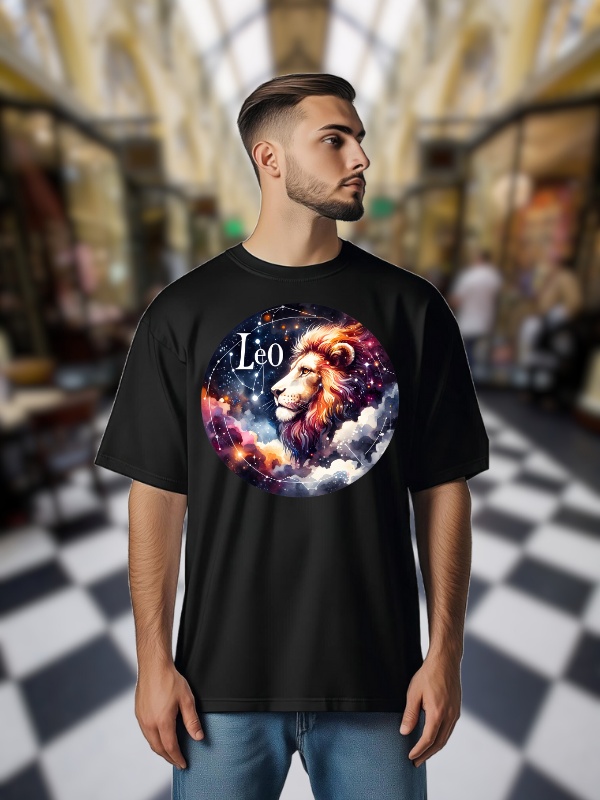 Leo Zodiac Unisex T-Shirt, Black Cotton, Cosmic Lion Galaxy Design