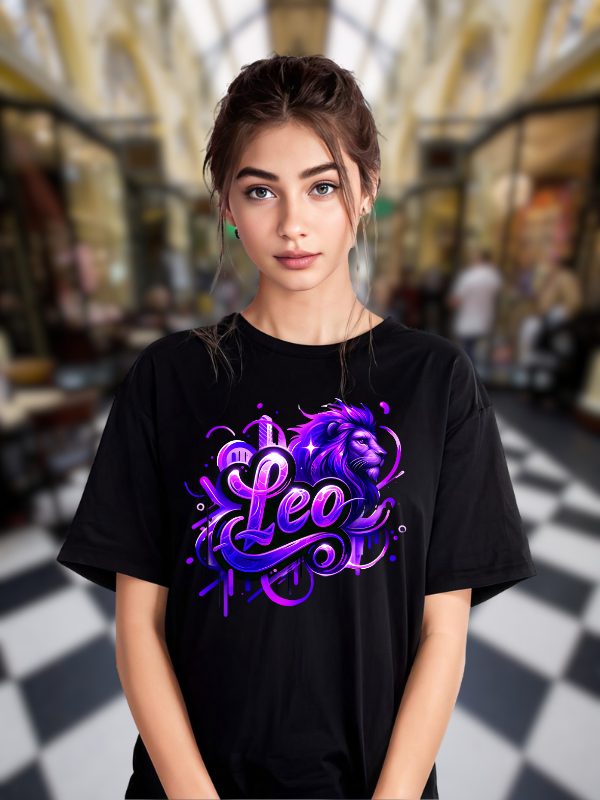 Leo Zodiac Art T-shirt, Black Cotton, Neon Purple Design, Unisex