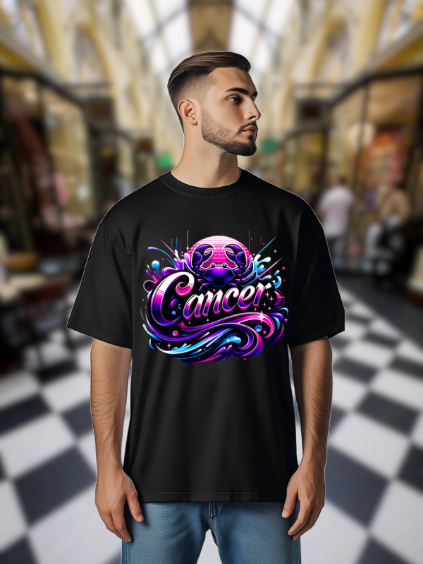 Cancer Zodiac Art T-shirt, Black Cotton, Neon Pink and Blue Design, Unisex
