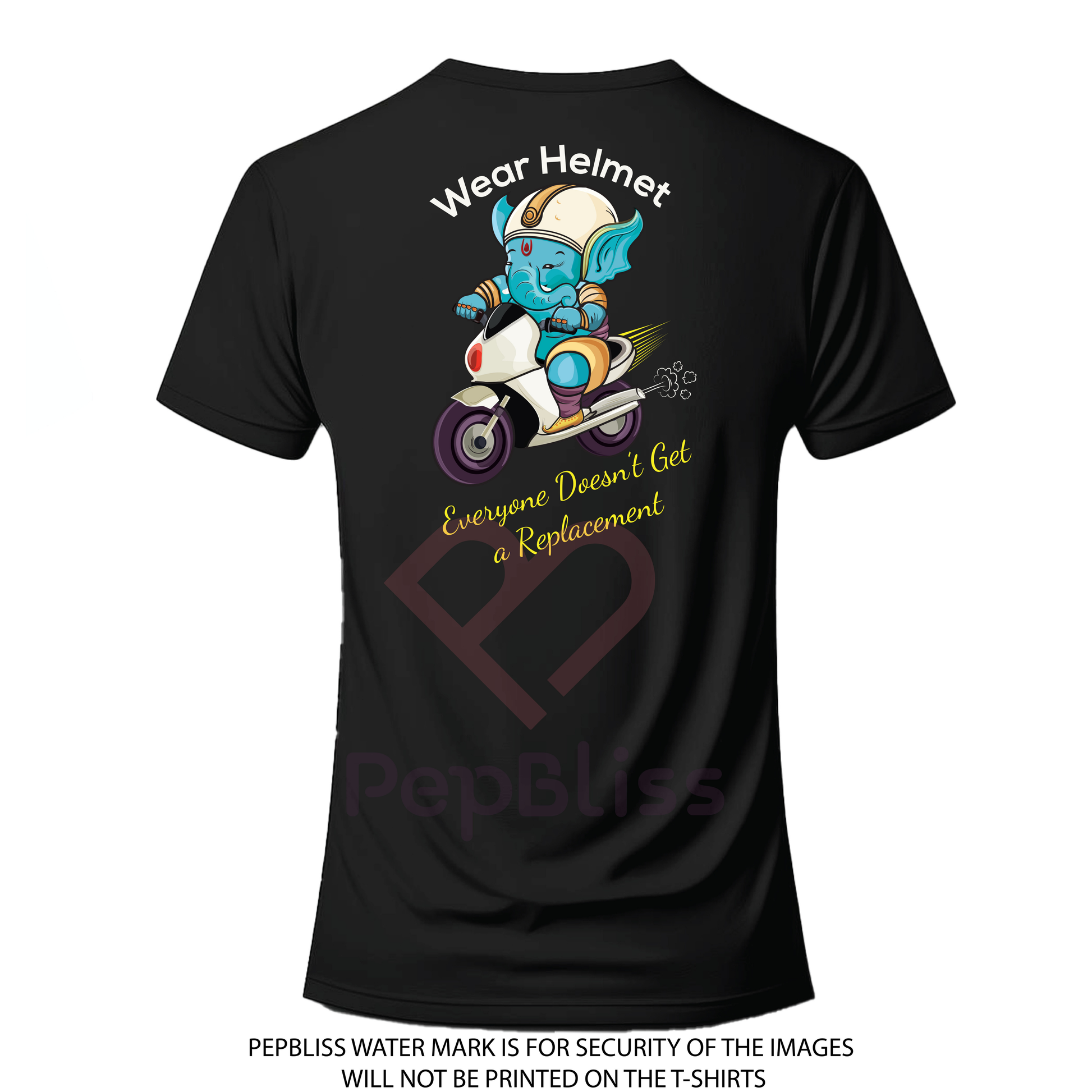Lord Ganesha Motorcycle Safety Design, Wear Helmet Message Print, Black T-Shirt