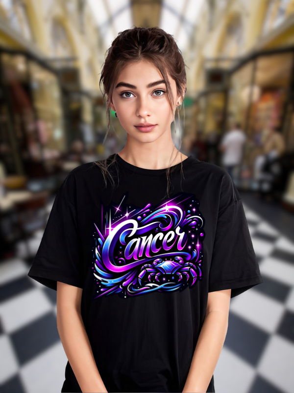 Cancer Zodiac Art T-shirt, Black Cotton, Neon Pink and Blue Design, Unisex