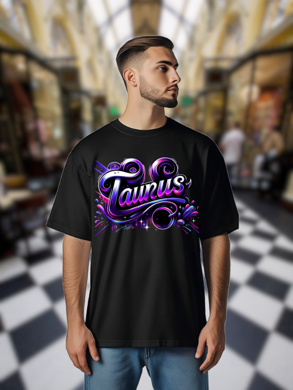 Taurus Zodiac Art T-Shirt, Black Cotton, Neon Purple and Blue Design, Unisex