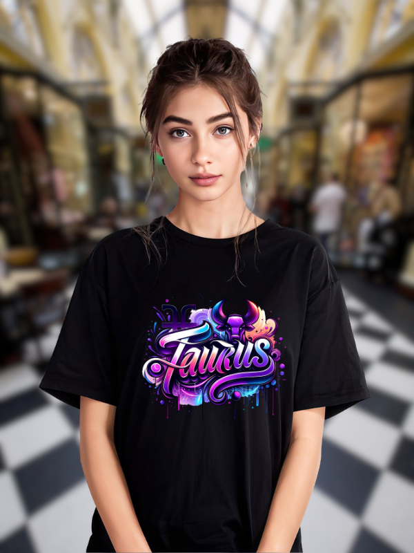 Taurus Zodiac Art T-Shirt, Black Cotton, Neon Purple and Blue Design, Unisex