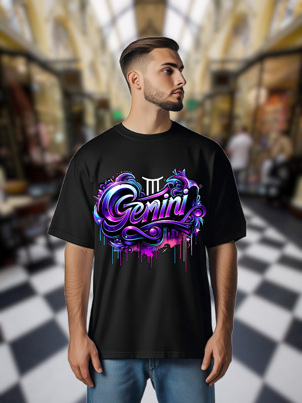 Gemini Zodiac Art T-shirt, Black Cotton, Neon Purple and Blue Design, Unisex